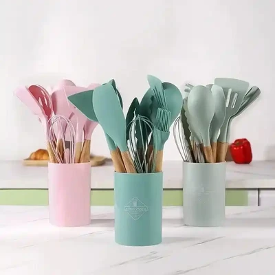 12pcs Wooden Silicone Kitchen Utensil Nonstick S